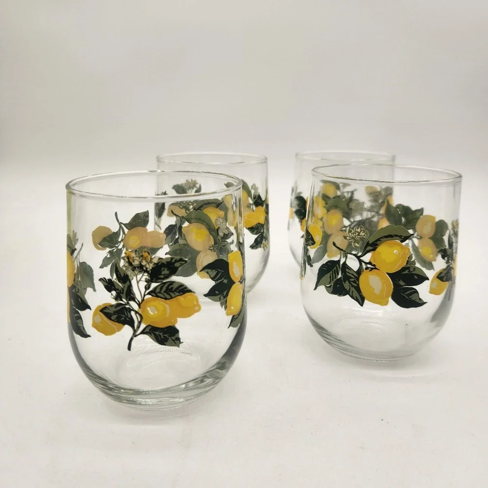 Set of 4 Lemon Citrus Print Stemless Wine Glasses Tumblers Clear‎ Yellow Green